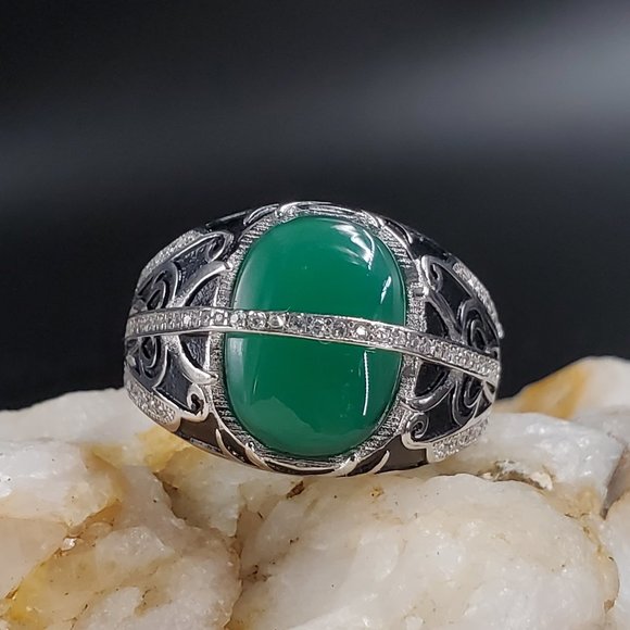 Men's Unique Jewelry Natural Green Chalcedony Sterling Silver 925 Ring - Picture 5 of 8